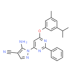 ChemSpider 2D Image | 5-Amino-1-[6-(3-isopropyl-5-methylphenoxy)-2-phenyl-4-pyrimidinyl]-1H-pyrazole-4-carbonitrile | C24H22N6O