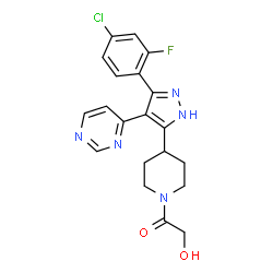ChemSpider 2D Image | 1-{4-[3-(4-Chloro-2-fluorophenyl)-4-(4-pyrimidinyl)-1H-pyrazol-5-yl]-1-piperidinyl}-2-hydroxyethanone | C20H19ClFN5O2