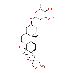 ChemSpider 2D Image | (3alpha,5alpha,8alpha,9beta,10alpha,14alpha,17alpha)-3-[(2,6-Dideoxy-3-O-methyl-beta-D-ribo-hexopyranosyl)oxy]-14-hydroxy-19-oxo-18,20-epoxycardanolide | C30H44O9