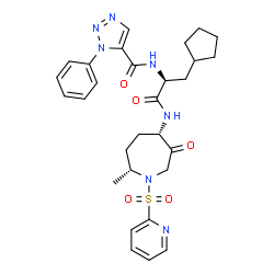 ChemSpider 2D Image | N-[(2S)-3-Cyclopentyl-1-{[(4S,7R)-7-methyl-3-oxo-1-(2-pyridinylsulfonyl)-4-azepanyl]amino}-1-oxo-2-propanyl]-1-phenyl-1H-1,2,3-triazole-5-carboxamide | C29H35N7O5S