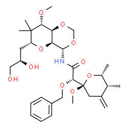 ChemSpider 2D Image | (2S)-2-(Benzyloxy)-N-{(4S,4aS,6R,8S,8aR)-6-[(2R)-2,3-dihydroxypropyl]-8-methoxy-7,7-dimethylhexahydropyrano[3,2-d][1,3]dioxin-4-yl}-2-[(2R,5R,6R)-2-methoxy-5,6-dimethyl-4-methylenetetrahydro-2H-pyran-
2-yl]acetamide | C31H47NO10