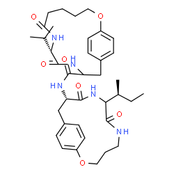 ChemSpider 2D Image | (9S)-N-[(11S)-8-[(2S)-2-Butanyl]-7,10-dioxo-2-oxa-6,9-diazabicyclo[11.2.2]heptadeca-1(15),13,16-trien-11-yl]-9-isopropyl-7,10-dioxo-2-oxa-8,11-diazabicyclo[12.2.2]octadeca-1(16),14,17-triene-12-carbox
amide | C37H51N5O7