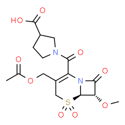ChemSpider 2D Image | 1-{[(6R,7S)-3-(Acetoxymethyl)-7-methoxy-5,5-dioxido-8-oxo-5-thia-1-azabicyclo[4.2.0]oct-2-en-2-yl]carbonyl}-3-pyrrolidinecarboxylic acid | C16H20N2O9S