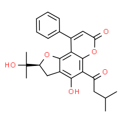 ChemSpider 2D Image | (2S)-4-Hydroxy-2-(2-hydroxy-2-propanyl)-5-(3-methylbutanoyl)-9-phenyl-2,3-dihydro-7H-furo[2,3-f]chromen-7-one | C25H26O6