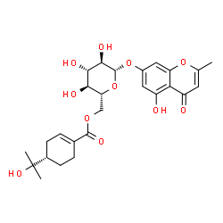 ChemSpider 2D Image | 5-Hydroxy-2-methyl-4-oxo-4H-chromen-7-yl 6-O-{[(4S)-4-(2-hydroxy-2-propanyl)-1-cyclohexen-1-yl]carbonyl}-beta-D-glucopyranoside | C26H32O11