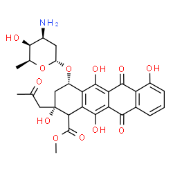 ChemSpider 2D Image | Methyl (2S,4S)-4-[(3-amino-2,3,6-trideoxy-alpha-L-lyxo-hexopyranosyl)oxy]-2,5,7,12-tetrahydroxy-6,11-dioxo-2-(2-oxopropyl)-1,2,3,4,6,11-hexahydro-1-tetracenecarboxylate | C29H31NO12