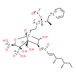 ChemSpider 2D Image | (1S,3S,4S,5R,6R,7R)-6-{[(2E,4S,6S)-4,6-Dimethyl(1-~13~C)-2-octenoyl]oxy}-1-[(4S,5R)-4-[(1-~13~C)ethanoyloxy]-5-methyl-3-methylene-6-[(1-~13~C)phenyl](3,4-~13~C_2_)hexyl]-4,7-dihydroxy(1-~13~C)-2,8-dio
xabicyclo[3.2.1]octane-3,4,5-(3,4-~13~C_2_)tricarboxylic acid | C2713C8H46O14