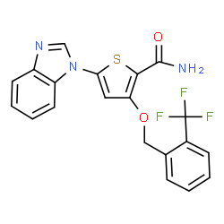 ChemSpider 2D Image | 5-(1H-Benzimidazol-1-yl)-3-{[2-(trifluoromethyl)benzyl]oxy}-2-thiophenecarboxamide | C20H14F3N3O2S