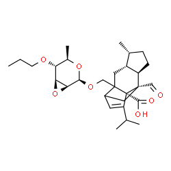 ChemSpider 2D Image | (1R,4R,5R,8R,9S)-2-{[(2,3-Anhydro-6-deoxy-4-O-propyl-beta-D-mannopyranosyl)oxy]methyl}-9-formyl-13-isopropyl-5-methyltetracyclo[7.4.0.0~2,11~.0~4,8~]tridec-12-ene-1-carboxylic acid | C29H42O7