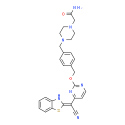 ChemSpider 2D Image | 2-(4-{4-[({4-[(Z)-1,3-Benzothiazol-2(3H)-ylidene(cyano)methyl]-2-pyrimidinyl}oxy)methyl]benzyl}-1-piperazinyl)acetamide | C27H27N7O2S