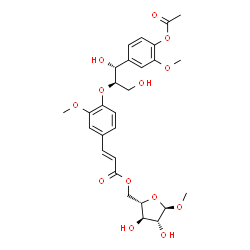 ChemSpider 2D Image | Methyl 5-O-[(2E)-3-(4-{[(1R,2R)-1-(4-acetoxy-3-methoxyphenyl)-1,3-dihydroxy-2-propanyl]oxy}-3-methoxyphenyl)-2-propenoyl]-alpha-L-arabinofuranoside | C28H34O13