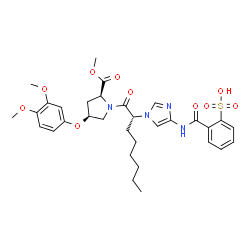 ChemSpider 2D Image | 2-[(1-{(2R)-1-[(2S,4S)-4-(3,4-Dimethoxyphenoxy)-2-(methoxycarbonyl)-1-pyrrolidinyl]-1-oxo-2-octanyl}-1H-imidazol-4-yl)carbamoyl]benzenesulfonic acid | C32H40N4O10S