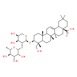 ChemSpider 2D Image | (3beta,5xi,9xi,18xi)-3-{[2-O-(6-Deoxy-beta-L-mannopyranosyl)-alpha-L-arabinopyranosyl]oxy}-23-hydroxyolean-12-en-28-oic acid | C41H66O12