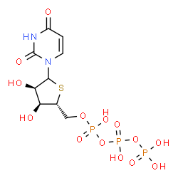 ChemSpider 2D Image | 1-[5-O-(Hydroxy{[hydroxy(phosphonooxy)phosphoryl]oxy}phosphoryl)-4-thio-D-ribofuranosyl]-2,4(1H,3H)-pyrimidinedione | C9H15N2O14P3S