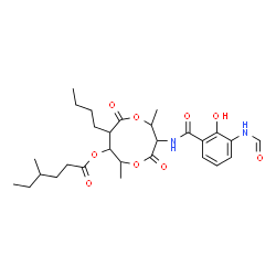 ChemSpider 2D Image | 8-Butyl-3-[(3-formamido-2-hydroxybenzoyl)amino]-2,6-dimethyl-4,9-dioxo-1,5-dioxonan-7-yl 4-methylhexanoate | C28H40N2O9