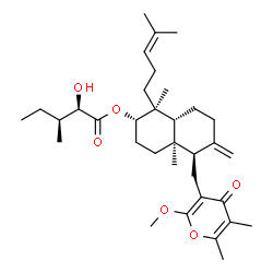 ChemSpider 2D Image | (1S,2S,4aR,5R,8aR)-5-[(2-Methoxy-5,6-dimethyl-4-oxo-4H-pyran-3-yl)methyl]-1,4a-dimethyl-6-methylene-1-(4-methyl-3-penten-1-yl)decahydro-2-naphthalenyl (2R,3S)-2-hydroxy-3-methylpentanoate | C34H52O6