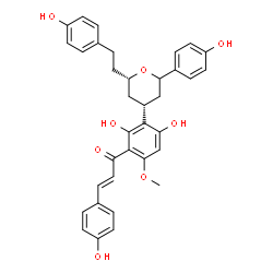ChemSpider 2D Image | (2E)-1-(2,4-Dihydroxy-3-{(4R,6S)-2-(4-hydroxyphenyl)-6-[2-(4-hydroxyphenyl)ethyl]tetrahydro-2H-pyran-4-yl}-6-methoxyphenyl)-3-(4-hydroxyphenyl)-2-propen-1-one | C35H34O8