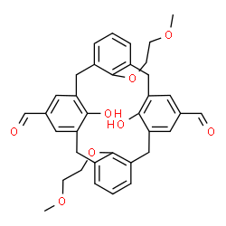 ChemSpider 2D Image | 26,28-Dihydroxy-25,27-bis(2-methoxyethoxy)pentacyclo[19.3.1.1~3,7~.1~9,13~.1~15,19~]octacosa-1(25),3(28),4,6,9(27),10,12,15(26),16,18,21,23-dodecaene-5,17-dicarbaldehyde | C36H36O8