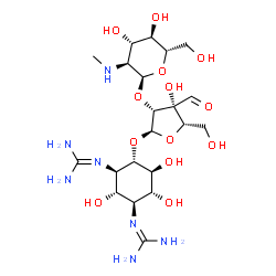 ChemSpider 2D Image | 2,2'-[(1S,2S,3R,4S,5S,6R)-4-({2-O-[2-Deoxy-2-(methylamino)-alpha-L-glucopyranosyl]-3-C-formyl-alpha-L-lyxofuranosyl}oxy)-2,5,6-trihydroxy-1,3-cyclohexanediyl]diguanidine | C21H39N7O13