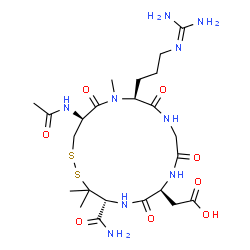 ChemSpider 2D Image | [(4R,7S,13S,16S)-16-Acetamido-4-carbamoyl-13-{3-[(diaminomethylene)amino]propyl}-3,3,14-trimethyl-6,9,12,15-tetraoxo-1,2-dithia-5,8,11,14-tetraazacycloheptadecan-7-yl]acetic acid | C23H39N9O8S2