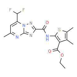ChemSpider 2D Image | Ethyl 2-({[7-(difluoromethyl)-5-methyl[1,2,4]triazolo[1,5-a]pyrimidin-2-yl]carbonyl}amino)-4,5-dimethyl-3-thiophenecarboxylate | C17H17F2N5O3S