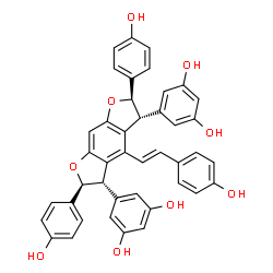 ChemSpider 2D Image | 5,5'-{(2R,3R,5S,6S)-2,6-Bis(4-hydroxyphenyl)-4-[(E)-2-(4-hydroxyphenyl)vinyl]-2,3,5,6-tetrahydrofuro[3,2-f][1]benzofuran-3,5-diyl}di(1,3-benzenediol) | C42H32O9