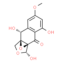 ChemSpider 2D Image | (1R,9R,10S,13R)-4,9,13-Trihydroxy-6-methoxy-12,14-dioxatetracyclo[8.3.1.0~1,10~.0~3,8~]tetradeca-3,5,7-trien-2-one | C13H12O7