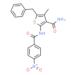 ChemSpider 2D Image | 5-Benzyl-4-methyl-2-[(4-nitrobenzoyl)amino]-3-thiophenecarboxamide | C20H17N3O4S