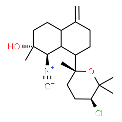 ChemSpider 2D Image | (1R,2R)-8-[(2R,5S)-5-Chloro-2,6,6-trimethyltetrahydro-2H-pyran-2-yl]-1-isocyano-2-methyl-5-methylenedecahydro-2-naphthalenol | C21H32ClNO2