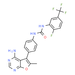 ChemSpider 2D Image | 1-[4-(4-Amino-6-methylfuro[2,3-d]pyrimidin-5-yl)phenyl]-3-[2-fluoro-5-(trifluoromethyl)phenyl]urea | C21H15F4N5O2