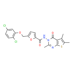 ChemSpider 2D Image | 5-[(2,5-Dichlorophenoxy)methyl]-N-(2,5,6-trimethyl-4-oxothieno[2,3-d]pyrimidin-3(4H)-yl)-2-furamide | C21H17Cl2N3O4S