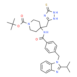 ChemSpider 2D Image | 2-Methyl-2-propanyl 4-({4-[(2-isopropyl-1H-benzimidazol-1-yl)methyl]benzoyl}amino)-4-[(5-thioxo-2,5-dihydro-1H-1,2,4-triazol-3-yl)methyl]-1-piperidinecarboxylate | C31H39N7O3S