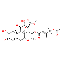 ChemSpider 2D Image | Methyl (2alpha,11beta,12alpha,13beta,15beta)-15-{[(2E)-4-acetoxy-3,4-dimethyl-2-pentenoyl]oxy}-2,11,12-trihydroxy-3,16-dioxo-13,20-epoxypicras-4-en-21-oate | C30H38O13