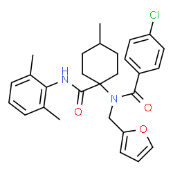 ChemSpider 2D Image | 4-Chloro-N-{1-[(2,6-dimethylphenyl)carbamoyl]-4-methylcyclohexyl}-N-(2-furylmethyl)benzamide | C28H31ClN2O3