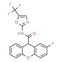 ChemSpider 2D Image | 2-Fluoro-N-[5-(trifluoromethyl)-1,3-oxazol-2-yl]-9H-xanthene-9-carboxamide | C18H10F4N2O3