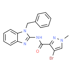 ChemSpider 2D Image | N-(1-Benzyl-1H-benzimidazol-2-yl)-4-bromo-1-methyl-1H-pyrazole-3-carboxamide | C19H16BrN5O