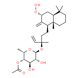 ChemSpider 2D Image | (3R)-5-[(1R,3R,4aS,8aS)-3-Hydroperoxy-5,5,8a-trimethyl-2-methylenedecahydro-1-naphthalenyl]-3-methyl-1-penten-3-yl 4-O-acetyl-6-deoxy-alpha-L-idopyranoside | C28H46O8
