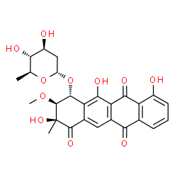 ChemSpider 2D Image | (1R,2S,3S)-3,10,12-Trihydroxy-2-methoxy-3-methyl-4,6,11-trioxo-1,2,3,4,6,11-hexahydro-1-tetracenyl 2,6-dideoxy-alpha-L-arabino-hexopyranoside | C26H26O11
