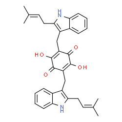 ChemSpider 2D Image | 2,5-Dihydroxy-3,6-bis{[2-(3-methyl-2-buten-1-yl)-1H-indol-3-yl]methyl}-1,4-benzoquinone | C34H34N2O4