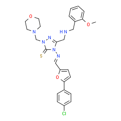 ChemSpider 2D Image | 4-[(E)-{[5-(4-Chlorophenyl)-2-furyl]methylene}amino]-5-{[(2-methoxybenzyl)amino]methyl}-2-(4-morpholinylmethyl)-2,4-dihydro-3H-1,2,4-triazole-3-thione | C27H29ClN6O3S