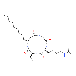ChemSpider 2D Image | (3S,6S,13R)-3-Isopropyl-6-[4-(isopropylamino)butyl]-13-nonyl-1,4,7,10-tetraazacyclotridecane-2,5,8,11-tetrone | C28H53N5O4