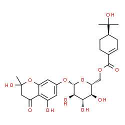 ChemSpider 2D Image | 2,5-Dihydroxy-2-methyl-4-oxo-3,4-dihydro-2H-chromen-7-yl 6-O-{[(4R)-4-(2-hydroxy-2-propanyl)-1-cyclohexen-1-yl]carbonyl}-beta-D-glucopyranoside | C26H34O12