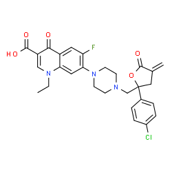 ChemSpider 2D Image | 7-(4-{[2-(4-Chlorophenyl)-4-methylene-5-oxotetrahydro-2-furanyl]methyl}-1-piperazinyl)-1-ethyl-6-fluoro-4-oxo-1,4-dihydro-3-quinolinecarboxylic acid | C28H27ClFN3O5