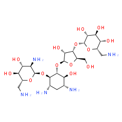 ChemSpider 2D Image | (1R,2R,3S,4R,6S)-4,6-Diamino-2-{[3-O-(6-amino-6-deoxy-beta-L-idopyranosyl)-beta-D-ribofuranosyl]oxy}-3-hydroxycyclohexyl 2,6-diamino-2,6-dideoxy-alpha-D-glucopyranoside | C23H45N5O14