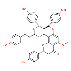 ChemSpider 2D Image | (2R,8R,8aS,9S,11S,12aR)-2,8,9-Tris(4-hydroxyphenyl)-11-[2-(4-hydroxyphenyl)ethyl]-5-methoxy-2,3,8a,11,12,12a-hexahydro-4H,8H,9H-dipyrano[3,4-c:2',3'-f]chromen-4-one | C42H38O9