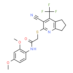 ChemSpider 2D Image | 2-{[3-Cyano-4-(trifluoromethyl)-6,7-dihydro-5H-cyclopenta[b]pyridin-2-yl]sulfanyl}-N-(2,4-dimethoxyphenyl)acetamide | C20H18F3N3O3S