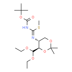 ChemSpider 2D Image | 2-Methyl-2-propanyl [(Z)-{[(4R,5R)-4-(diethoxymethyl)-2,2-dimethyl-1,3-dioxan-5-yl]imino}(methylsulfanyl)methyl]carbamate | C18H34N2O6S
