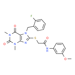ChemSpider 2D Image | 2-{[7-(2-Fluorobenzyl)-1,3-dimethyl-2,6-dioxo-2,3,6,7-tetrahydro-1H-purin-8-yl]sulfanyl}-N-(3-methoxyphenyl)acetamide | C23H22FN5O4S