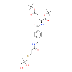 ChemSpider 2D Image | Bis(2-methyl-2-propanyl) N-{4-[({3-[(2,3-dihydroxy-2-methylpropyl)sulfanyl]propanoyl}amino)methyl]benzoyl}-L-glutamate | C28H44N2O8S