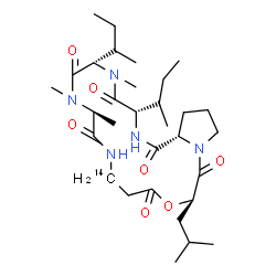 ChemSpider 2D Image | (3S,6S,9S,16R,21aS)-6-[(2R)-2-Butanyl]-3-[(2S)-2-butanyl]-16-isobutyl-5,8,9-trimethyl(12-~14~C)dodecahydropyrrolo[1,2-d][1,4,7,10,13,16]oxapentaazacyclononadecine-1,4,7,10,14,17(11H,16H)-hexone | C3014CH53N5O7